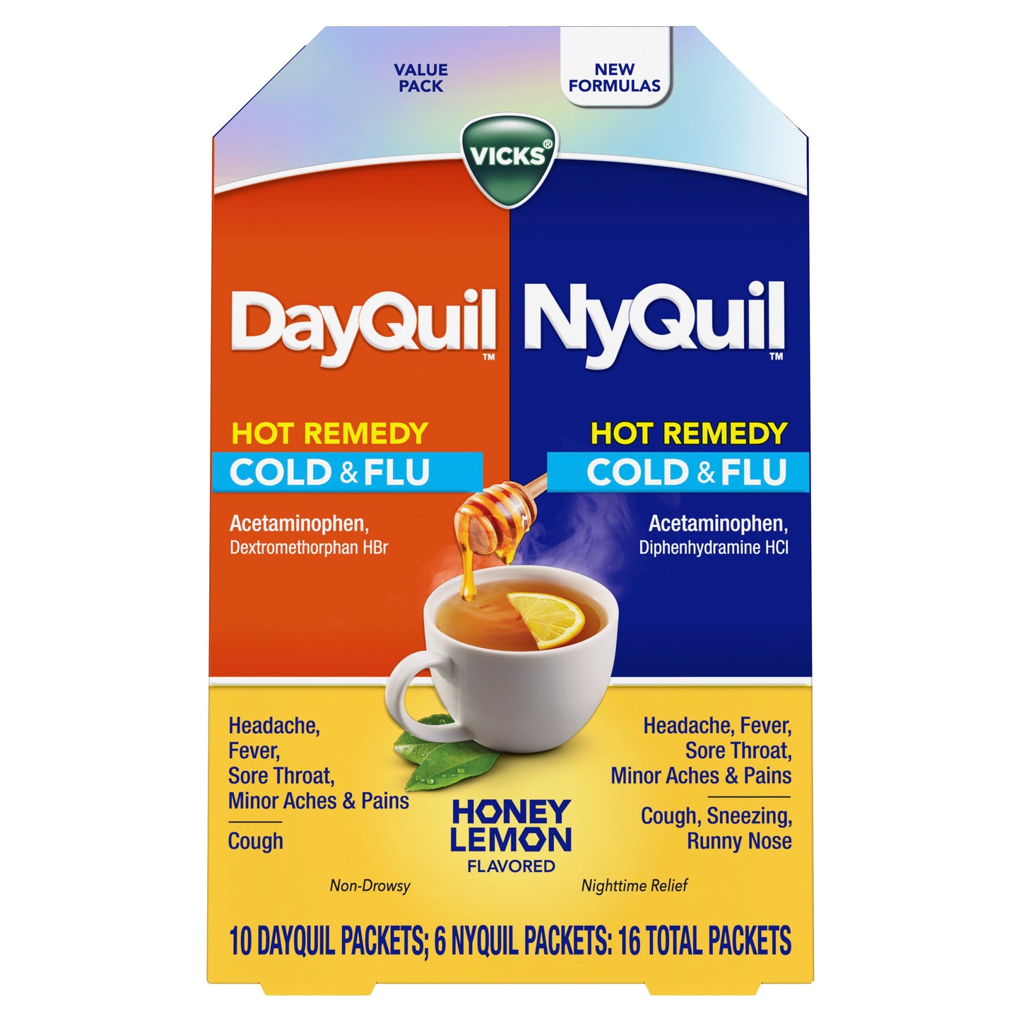 Vicks DayQuil & NyQuil Hot Remedy Cold & Flu Powder Mix Packets, Over-the-Counter Medicine, Daytime & Nighttime Fast Relief, Combo Pack