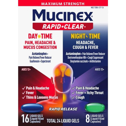 Mucinex Rapid Plus Clear Maximum Strength Daytime & Nighttime Pain Relief Liquid Gels