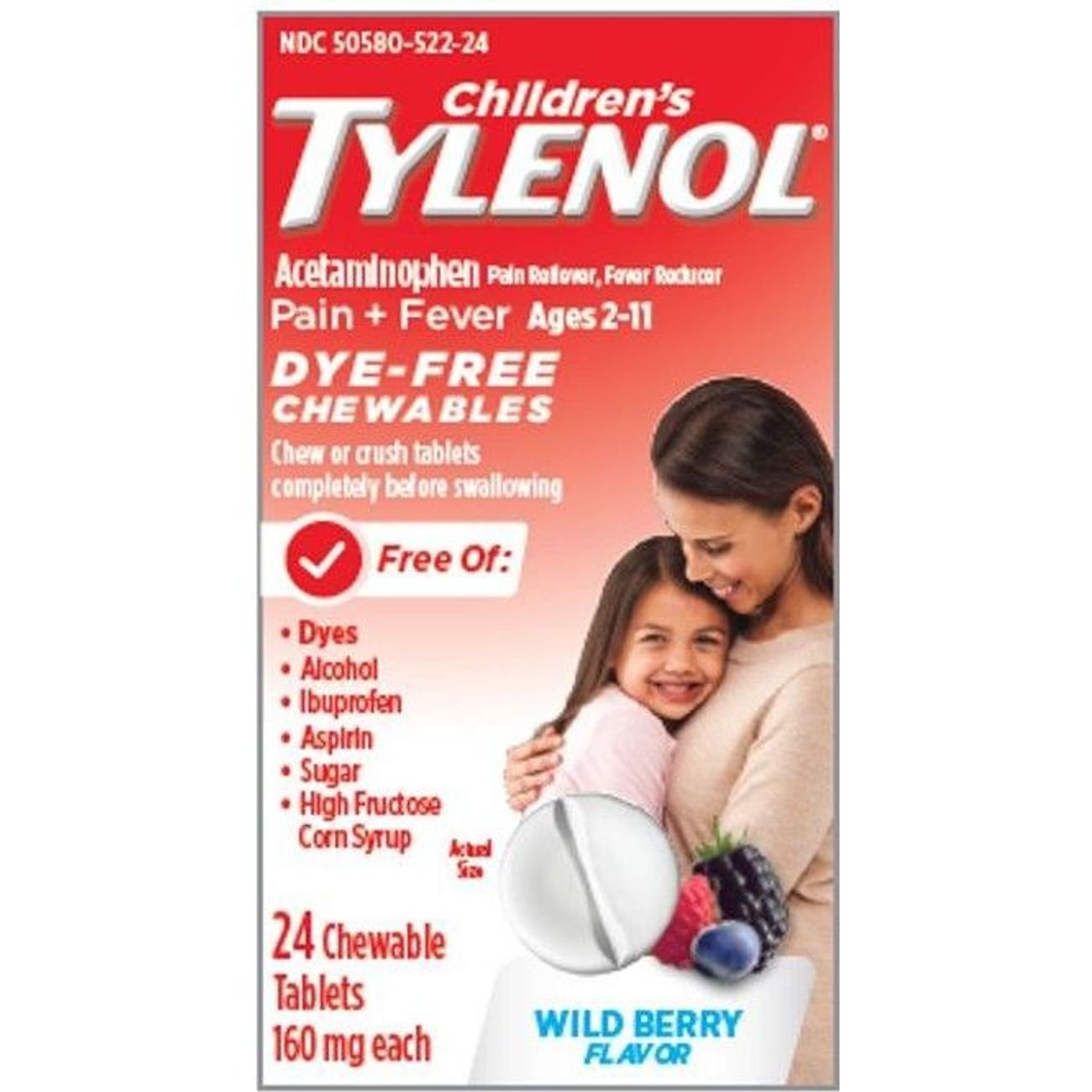 Tylenol Children's Dye Free Pain Relief Fever Reducer 160 mg Chewables - Wild Berry