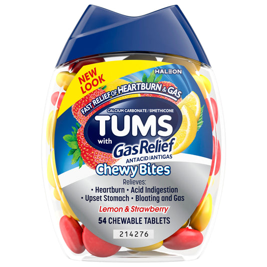 Tums Chewy Bites Chewable Antacid Tablets with Gas Relief, Lemon & Strawberry