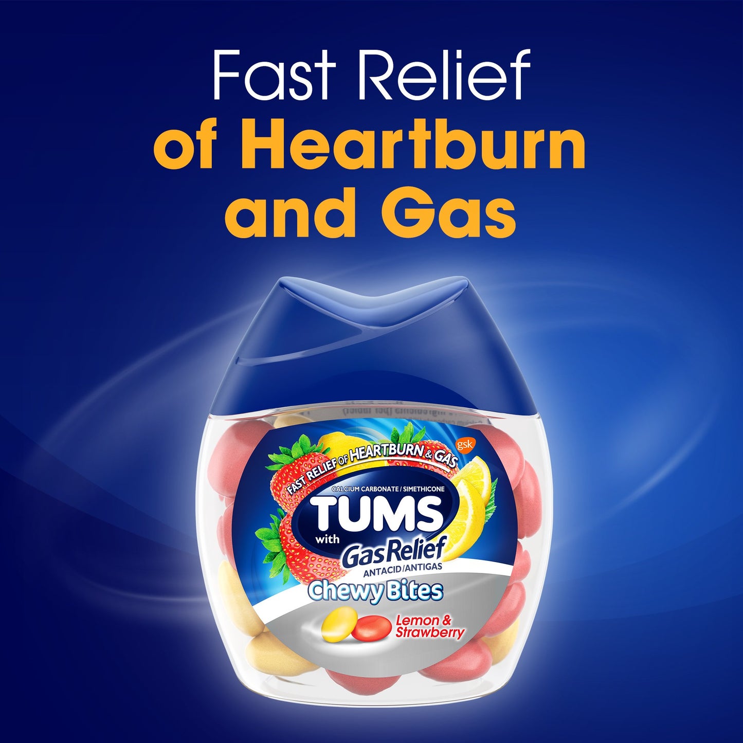 Tums Chewy Bites Chewable Antacid Tablets with Gas Relief, Lemon & Strawberry