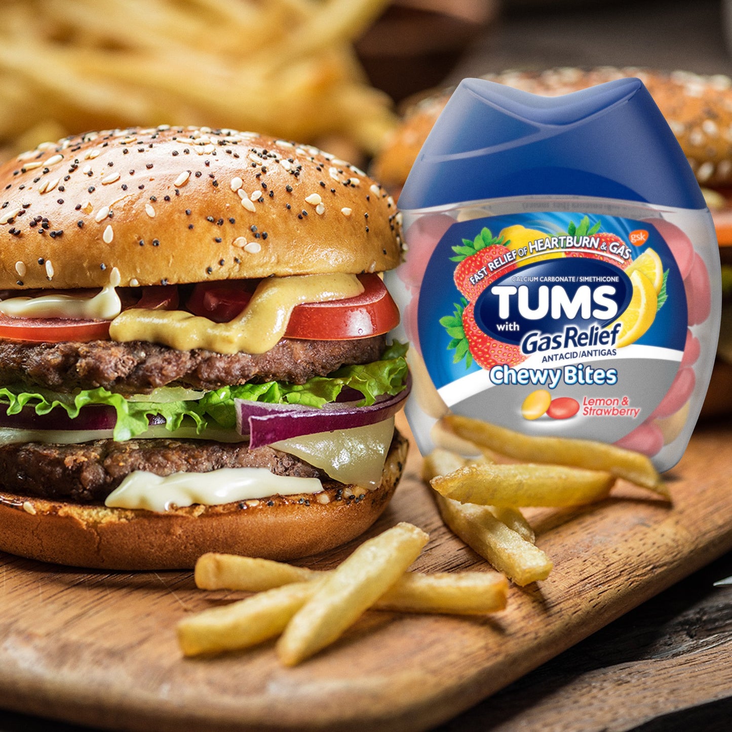 Tums Chewy Bites Chewable Antacid Tablets with Gas Relief, Lemon & Strawberry