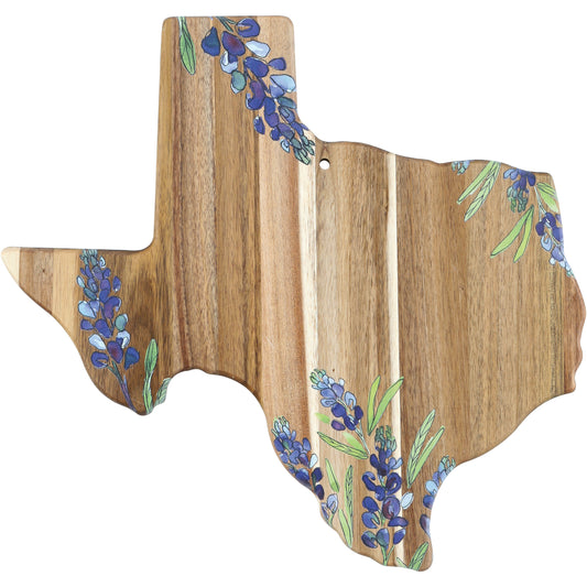 Destination Holiday Bluebonnet Texas-Shaped Acacia Board