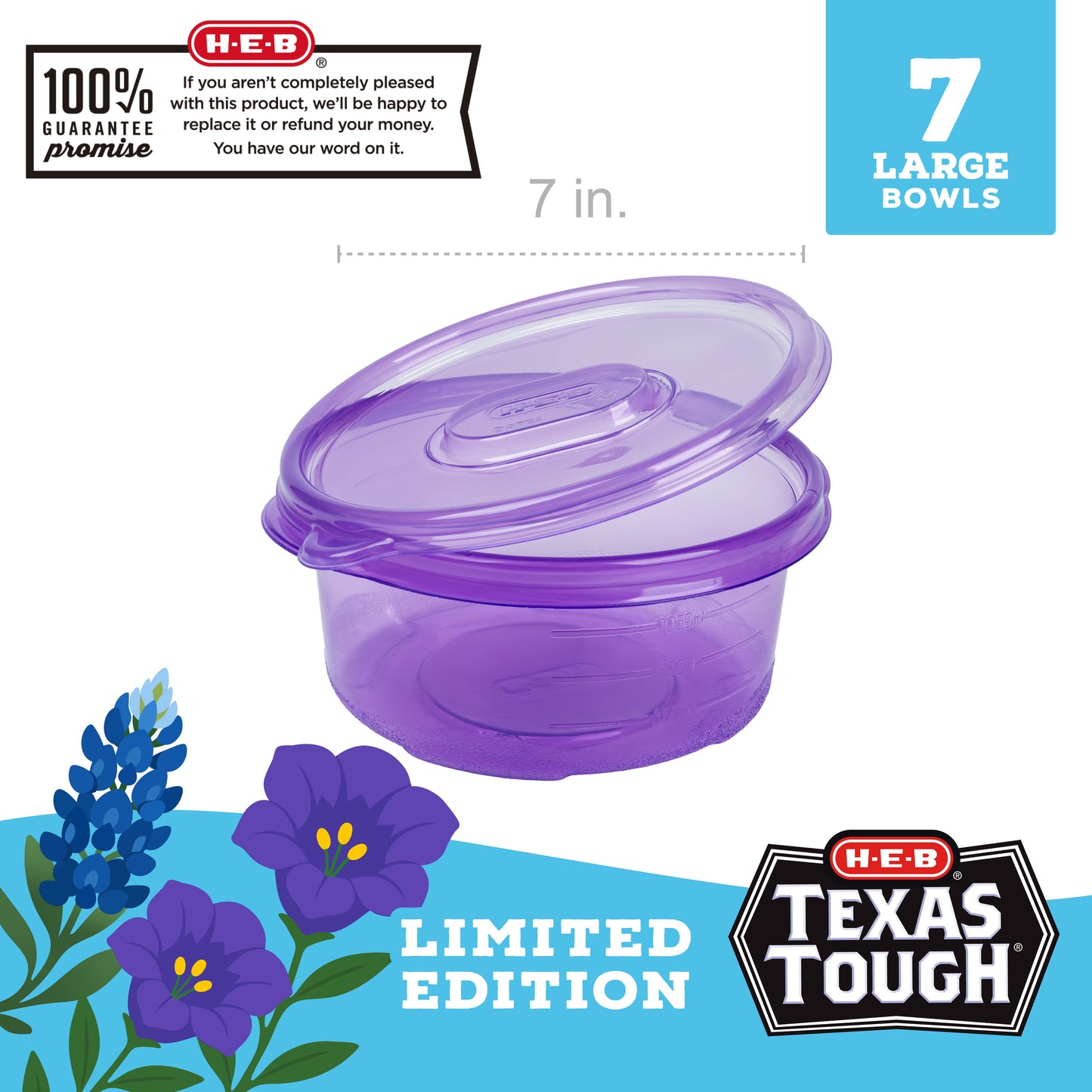 H-E-B Texas Tough Large Bowl Food Storage Container - Purple, 7 pk
