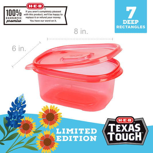 H-E-B Texas Tough Deep Rectangle Food Storage Container - Red, 7 pk