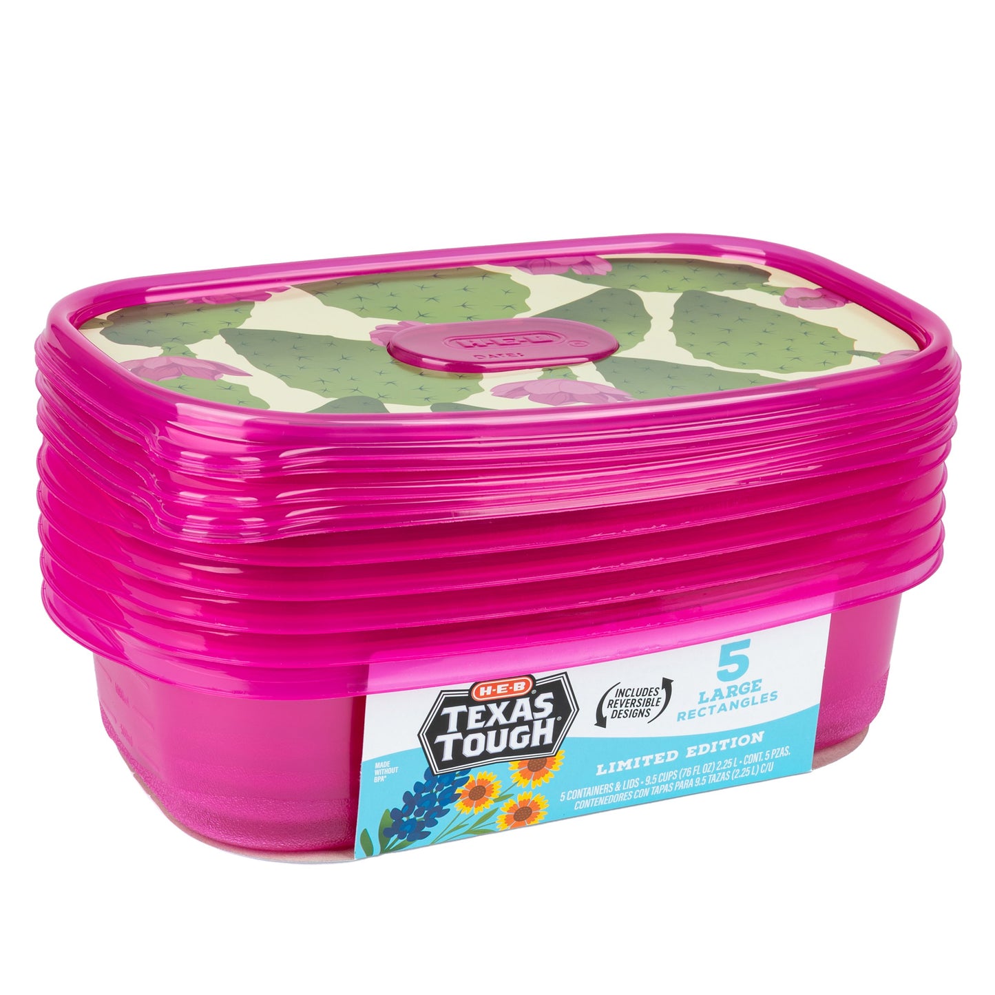 H-E-B Texas Tough Large Rectangle Food Storage Container Magenta, 5 pk