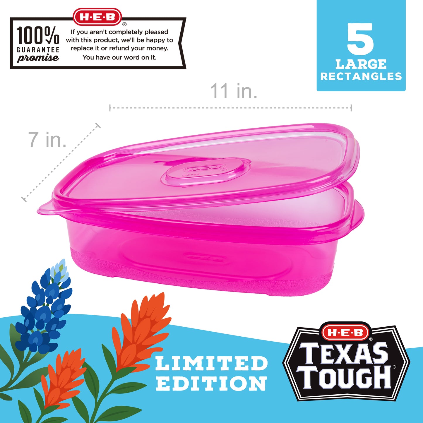 H-E-B Texas Tough Large Rectangle Food Storage Container Magenta, 5 pk