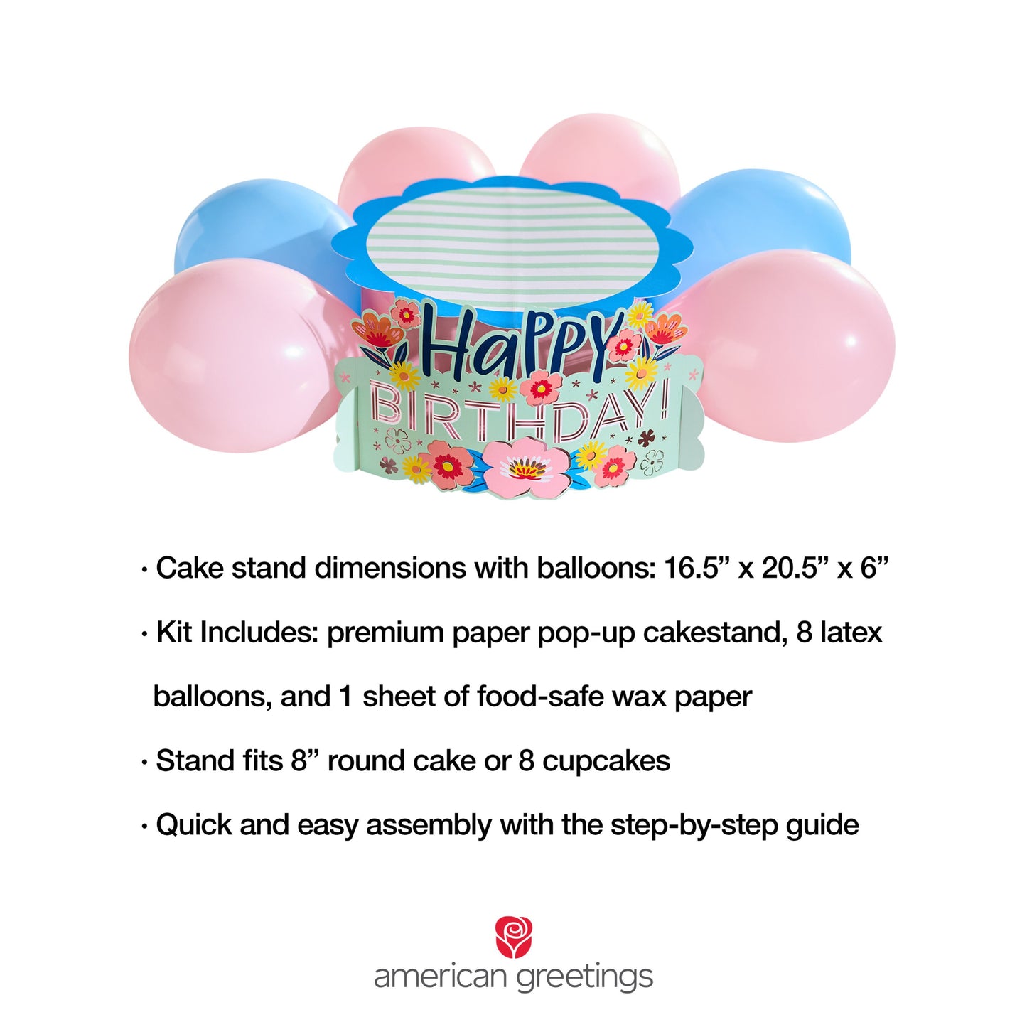 American Greetings Floral Birthday Pop-up Cake Stand Kit with Balloons