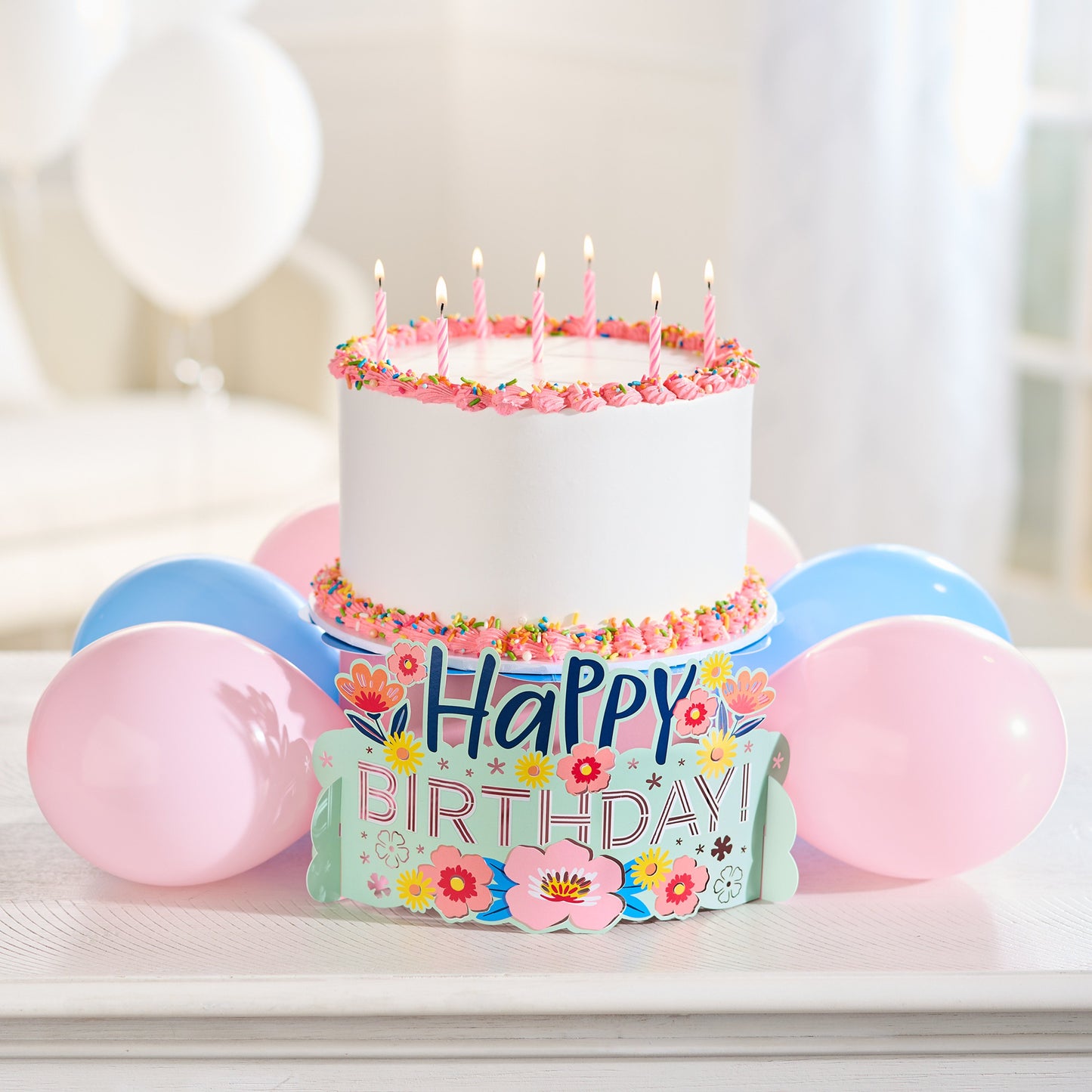American Greetings Floral Birthday Pop-up Cake Stand Kit with Balloons