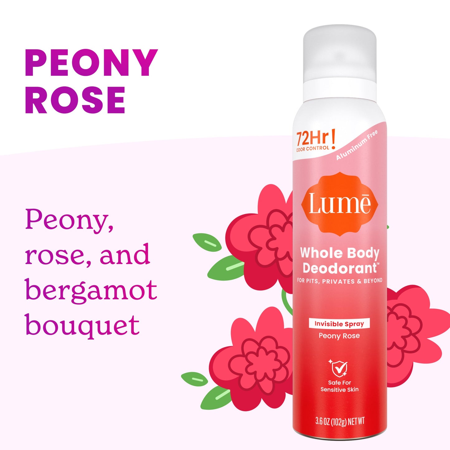 Lume Women 72 Hr Whole Body Aluminum Free Invisible Spray Deodorant - Peony Rose