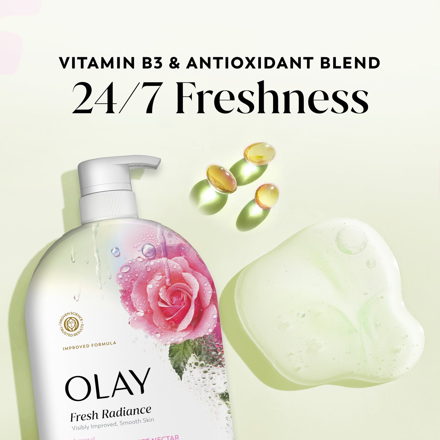 Olay Fresh Radiance Body Wash with Essence of Rose Water and Sweet Nectar, Vitamin B3 and Antioxidant Blend