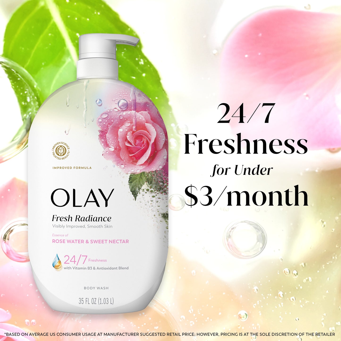 Olay Fresh Radiance Body Wash with Essence of Rose Water and Sweet Nectar, Vitamin B3 and Antioxidant Blend