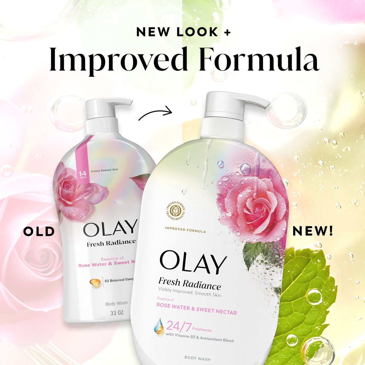 Olay Fresh Radiance Body Wash with Essence of Rose Water and Sweet Nectar, Vitamin B3 and Antioxidant Blend