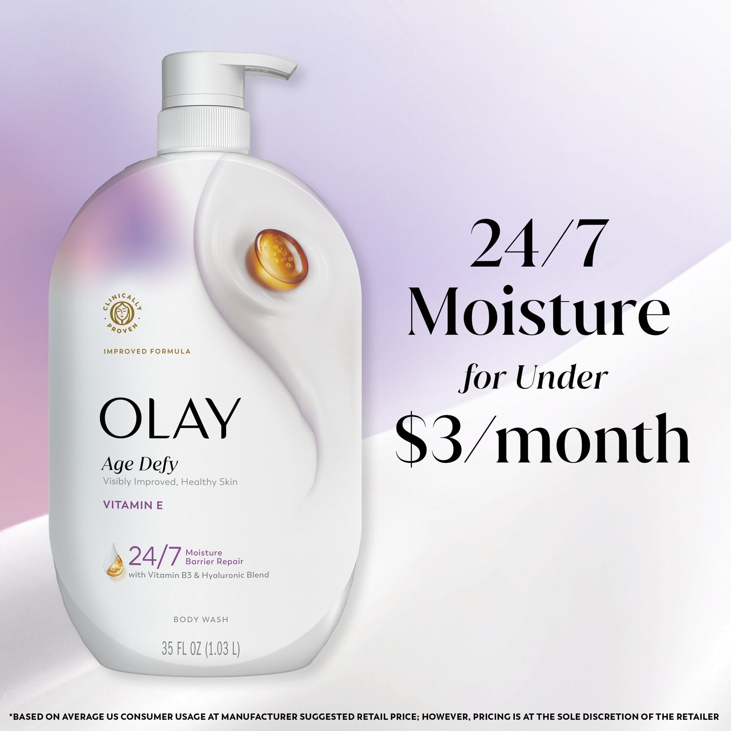 Olay Ultra Moisture Age Defy Body Wash with Vitamin E, Vitamin B3 and Hyaluronic Blend, 35oz