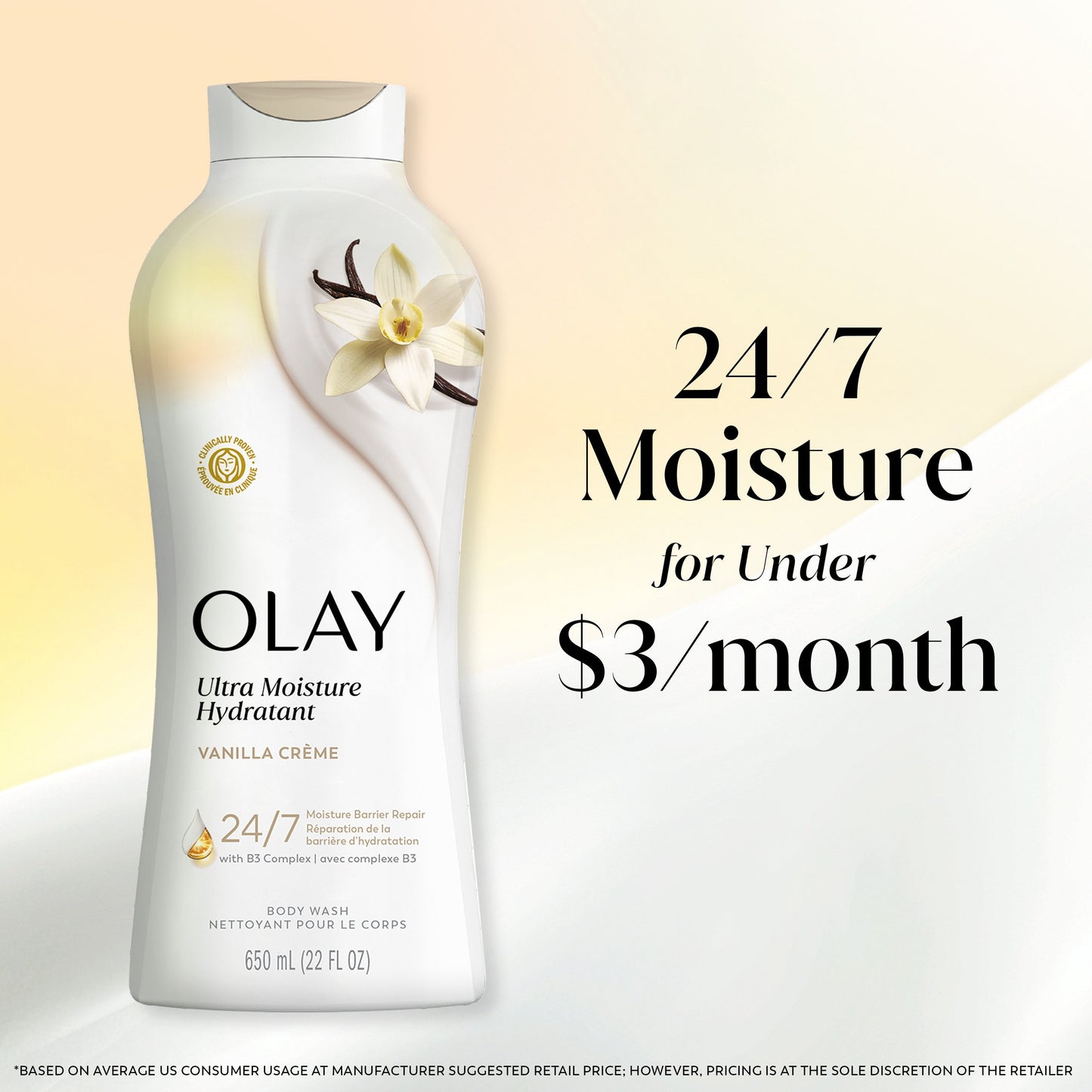 Olay Ultra Moisture Body Wash with Vanilla Creme, Vitamin B3 and Hyaluronic Blend, 22oz
