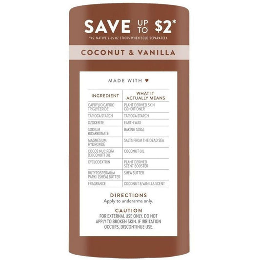 Native Aluminum Free Deodorant Solid - Coconut & Vanilla, 2 pk