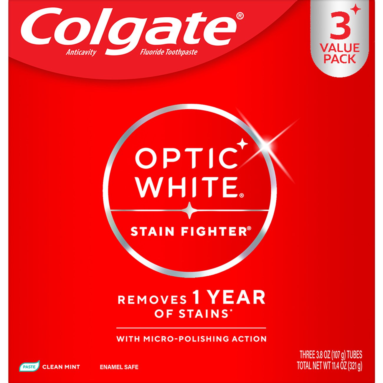 Colgate Optic White Stain Fighter  Toothpaste - Clean Mint, 3 pk