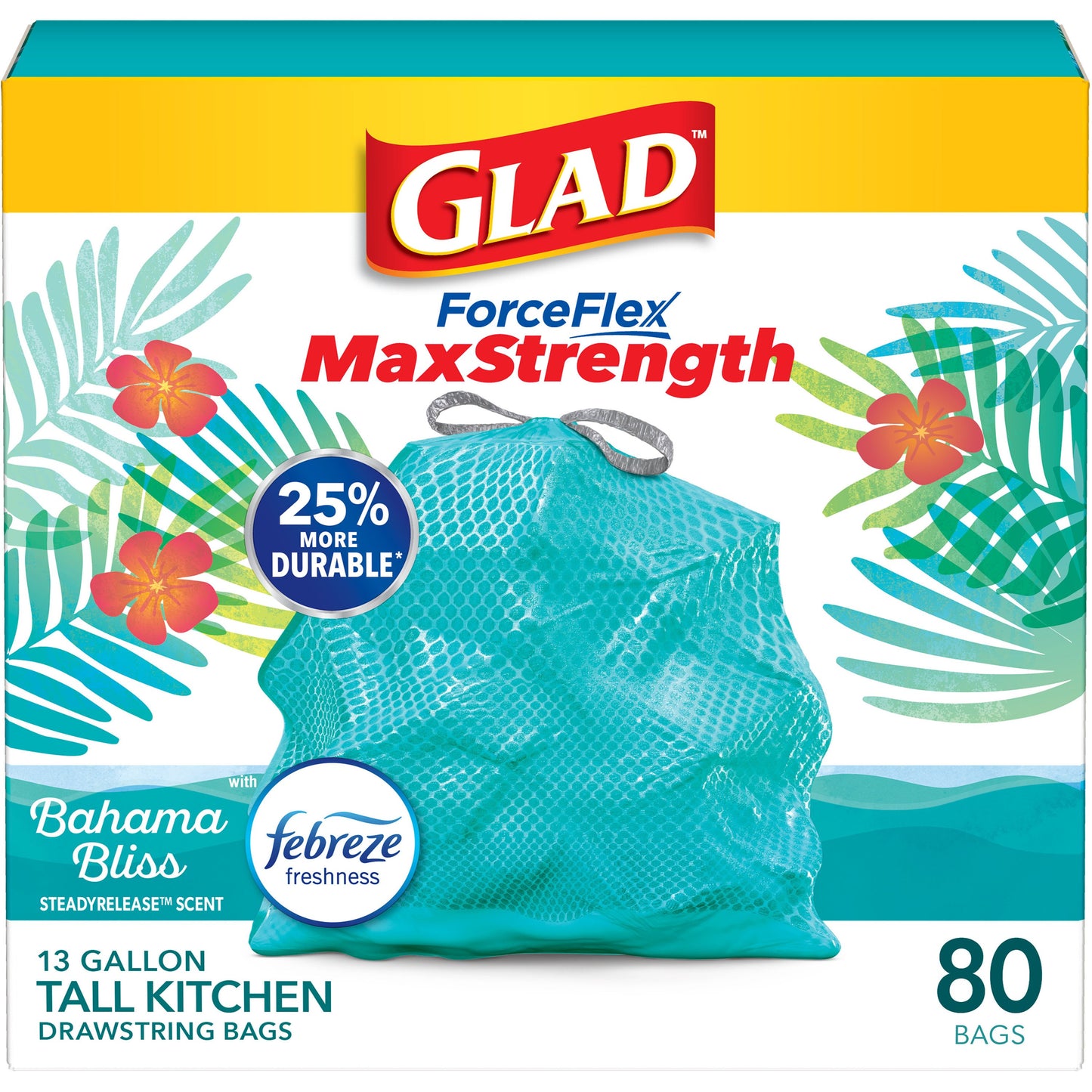 Glad ForceFlex MaxStrength Drawstring Trash Bag, 13 Gallon - Bahama Bliss