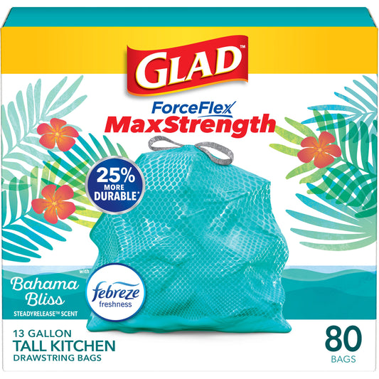 Glad ForceFlex MaxStrength Drawstring Trash Bag, 13 Gallon - Bahama Bliss