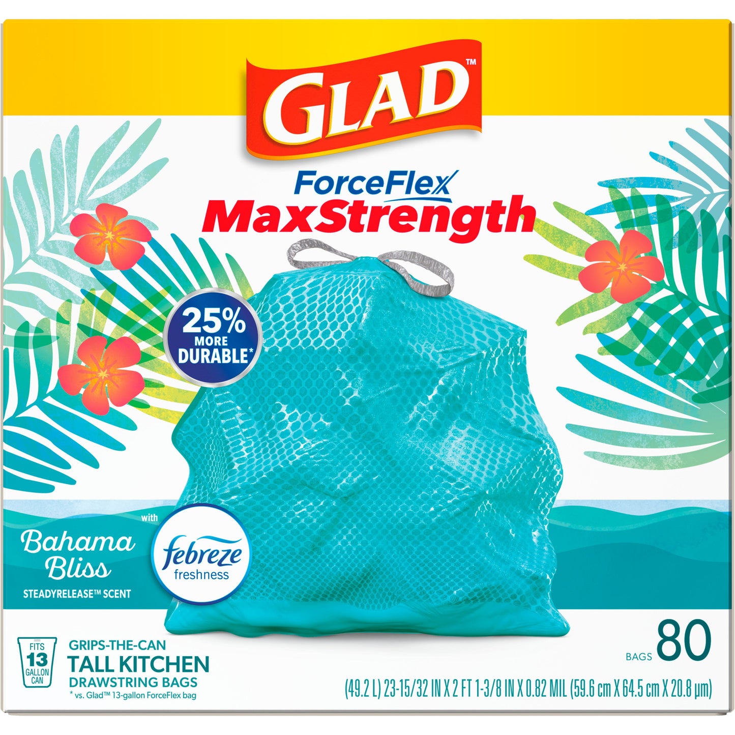 Glad ForceFlex MaxStrength Drawstring Trash Bag, 13 Gallon - Bahama Bliss