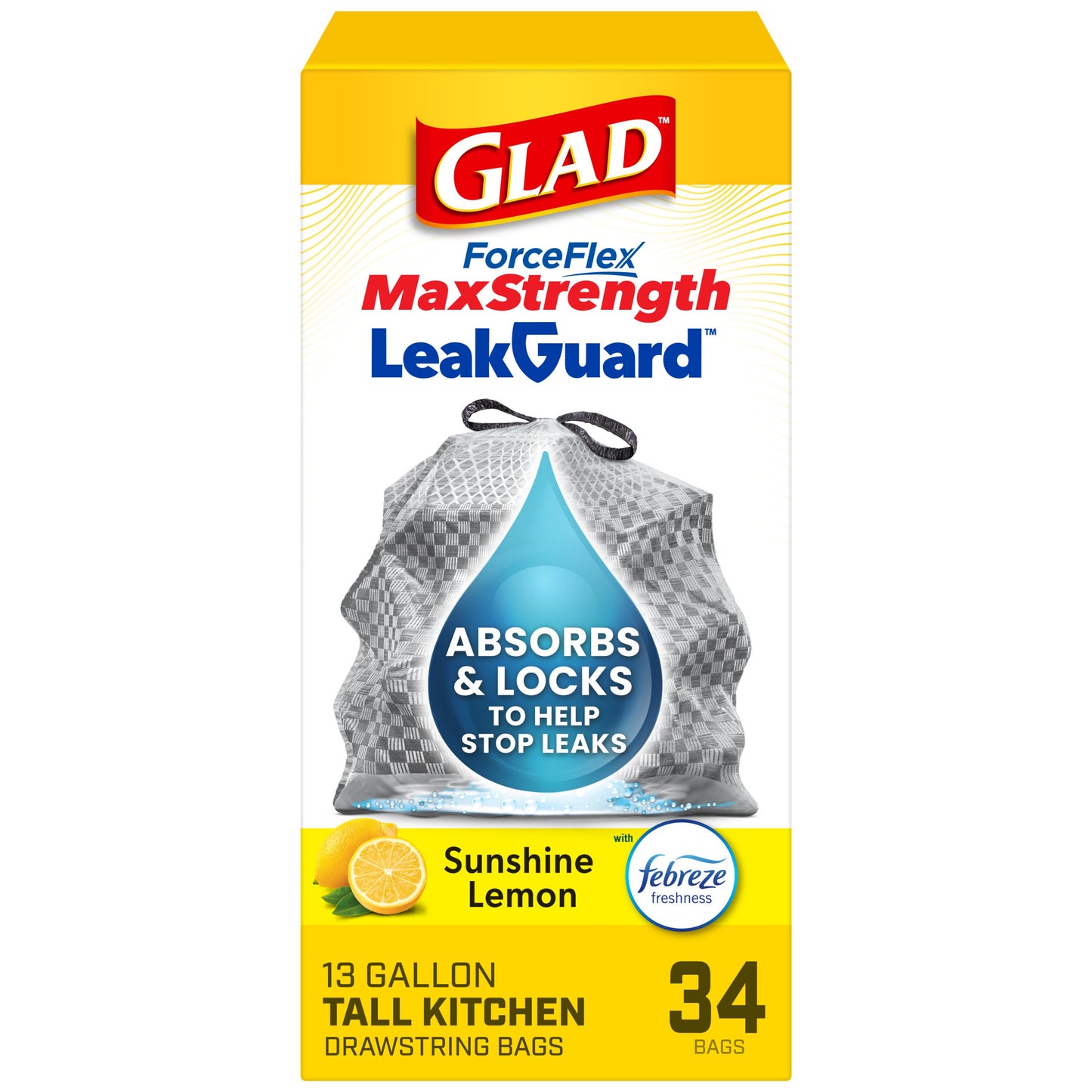 Glad ForceFlex Leak Guard Drawstring Trash Bag, 13 Gallon - Sunshine Lemon